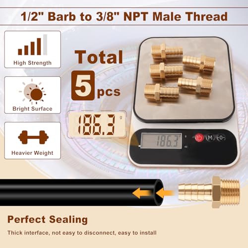 5PCS 1/2" Barb x 1/2" NPT Male Brass Hose Barb Fitting, Air Line Adapter - size: 1/2" Barb to 1/2" NPT Male