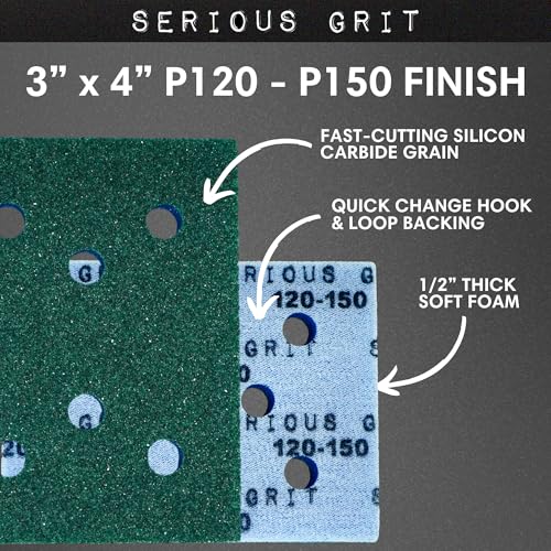 Serious Grit - 3x4 1/2" Foam Sanding Pads - 120-150 Grit Finish - 10 Pack - size: 120-150 Grit, style: 12.7mm Foam