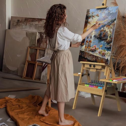 Solid Beech Wood H-Frame Easel with and Storage and 2 Palette - color: Natural Wood