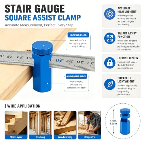 2PCS Tall Stair Gauges for Circular Saw with Holder and Hook, Precision Framing Square Jig for Speed Square & Circular Saw Guide, Framing Square Stops for Carpentry Squares (Blue) - color: Blue
