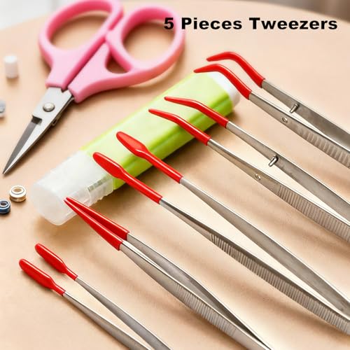5Pcs Tweezers Set, Non-Scratch Rubber Tip, Red - color: Red