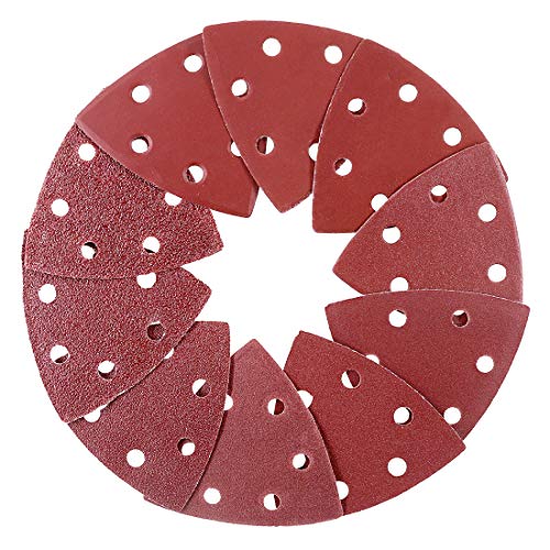 Glarks 50-Pieces 90mm / 3.5 Inch Triangle Mouse Detail Sander Sandpaper Sanding Paper Hook and Loop Assorted 40/60/80/120/180/240/400/600/800/1000 Grits for Random Orbital Sander(6 Holes)