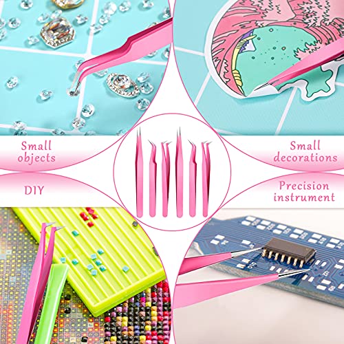 Mudder 6 Pack Lash Tweezers Set for Eyelash Extension, Pink - color: Pink