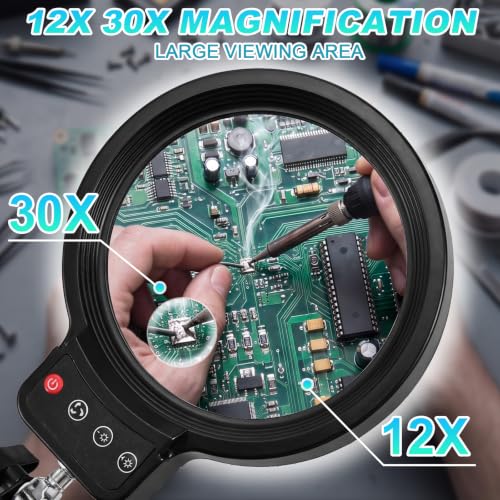 12X 30X Magnifying Glass with Light,Stand & Clamp, Ultra Long Arm Magnifier