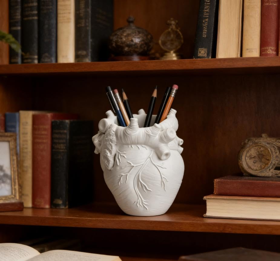 Heart-Shaped Pen Holder, 4.3" x 3.74" Human Heart Organ Shape Pen Holder, Gothic Makeup Brush Holder, 3D Realistic Hearts Anatomy Model for Makeup Brushes Pens,Desk Accessories (White)