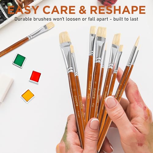DUGATO Short Handle Artist Paint Brush Set, 10-Piece Hog Hair Bristle - color: Brown