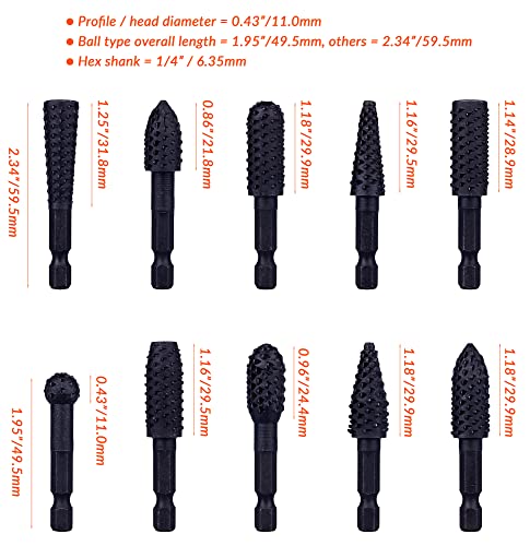 NordWolf 10-Piece Rotary Burr Wood Carving Rasp Files Set, with 1/4" Hex Shank for Wood Deburring, Shaping & Grooving - size: 1/4" Hex Shank (10 Pcs)