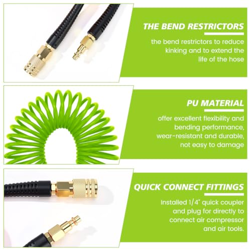 Flutesan 10 Pack 1/4 in x 10 ft Recoil Air Hose with Quick Coupler, Green - color: Green