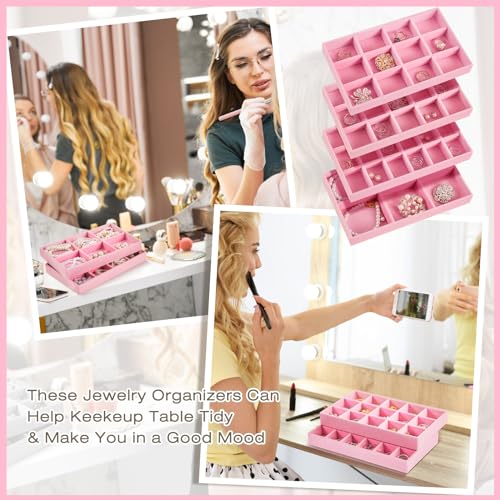 Junkin 12 Pcs Velvet Jewelry Organizer Tray, Stackable Storage - color: Pink