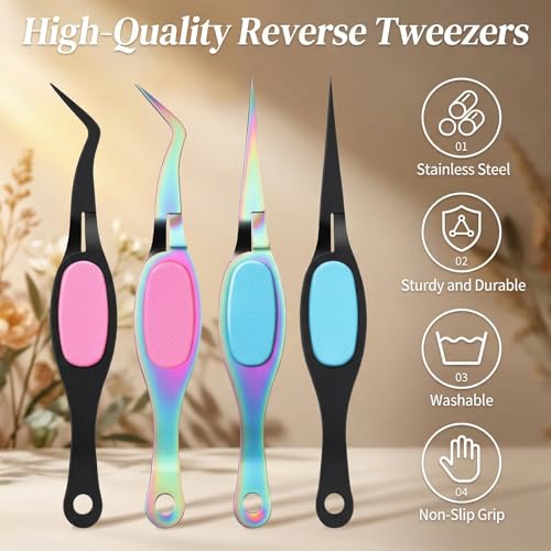 4 Pcs Reverse Tweezers for Crafting, Sticker Tweezers with Soft Grip Crossing Lock, Craft Tweezer for journaling Crafting Precision Tools for Jewelry Repair DIY Projects (Straight+Curved Tips)