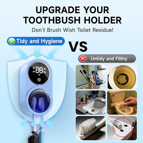 Wall-Mounted Toothbrush Holder for Bathroom, Proximity Sensor Toothbrush Cleaner, Compatible with Most Toothbrush Models, LED Smart Screen, Heating Film Drying, Rechargeable (02Blue) - color: 02blue