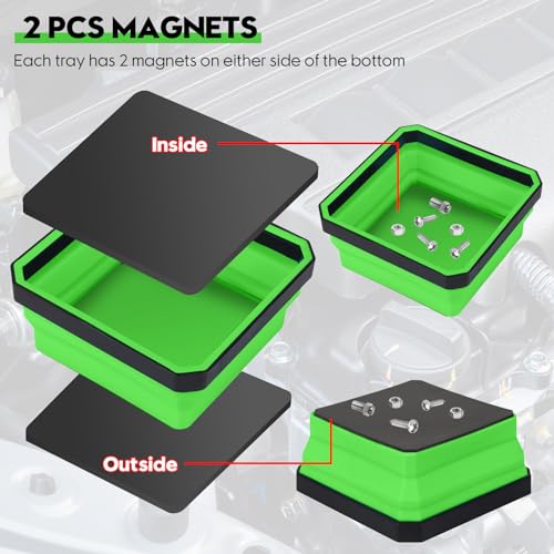 Magnetic Parts Tray 4-Pack – Collapsible Tool Holder for Screws & Bolts - color: Green, size: 4-Pack