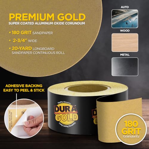 Dura-Gold Gold PSA Longboard Sandpaper, 180 Grit, 20 Yard Roll, 2-3/4" Wide - size: 180-Grit