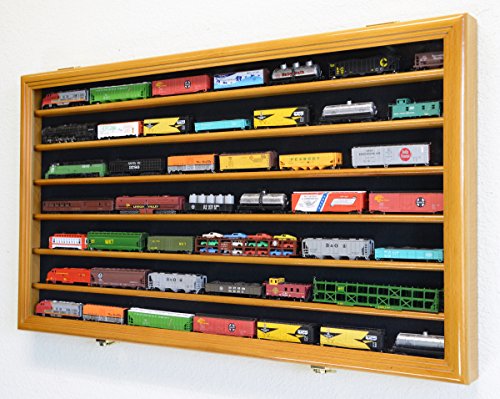 sfDisplay.com,LLC. N Scale Train Model Trains Display Case Cabinet Wall Rack w/ 98% UV Lockable -Oak - color: Oak Finish