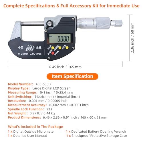 Digital Outside Micrometer, 0-1 in Range, 0.00005" Resolution, LCD Display