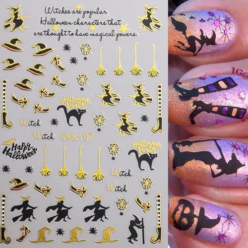 12 Sheets Halloween Nail Stickers for Nail Art,3D Self-Adhesive Nail Decals - color: Halloween Golc