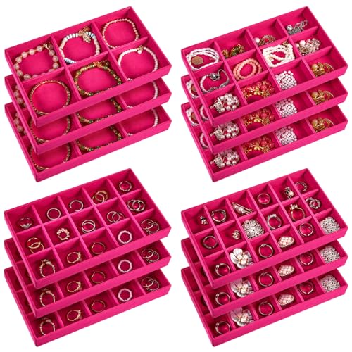 Junkin 12 Pcs Velvet Jewelry Organizer Tray, Stackable Storage - color: Rose Red