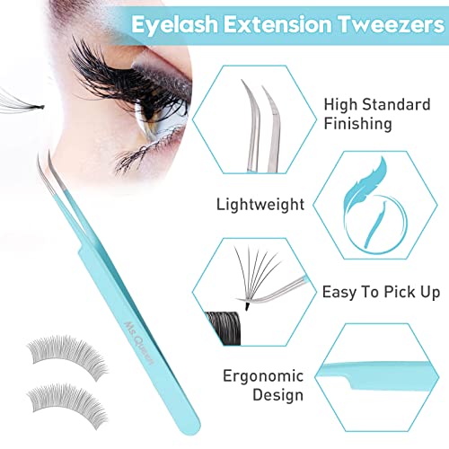 Ms.Queen Eyelash Extension Tweezers Set - Fiber Tip Isolation & 90 Degree Mega Volume Tweezers, Blue - style: 2Pcs Tweezers Set A