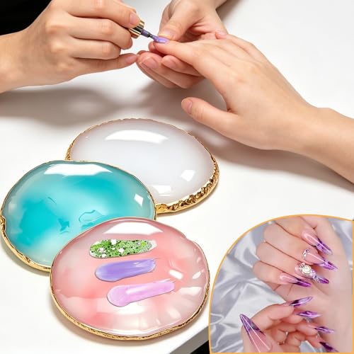 Resin Nail Art Palette-3Pcs Polish Palette, Gilded Edge Gel Nail Polish Holder Tray DIY, Makeup Display Board Cosmetic Mixing Tools(White,Pink,Blue)