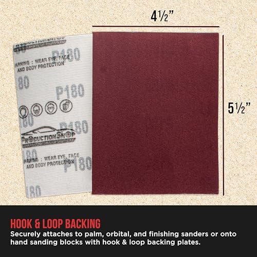 ProductionShop Premium Red 180 Grit 1/4 Sheet Size Red Sanding Sheets, Box of 30 - Hook & Loop Backing Sandpaper, Medium-Cut Abrasive - Fits Palm Sanders, Hand Sanding Blocks - Woodworking, Auto Paint - style: 180 Grit