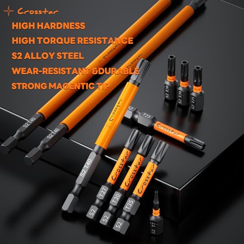 Crosstar 31 Pcs 1“&2"" Impact Torx Bit Set, S2 Steel Magnetic Security Star Bits, Tamper Proof Torx Screwdriver Bits with CNC Tips for Drill/Driver, Automotive, Woodworking & Home Repair - size: T7-T40 (1IN & 2IN)