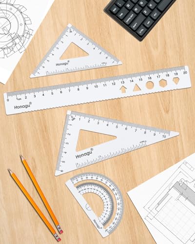 Honagu Triangular Ruler Set, 4 Pieces Aluminum Alloy Ruler, Metal Drafting Ruler, Geometric Protractor for Students,Teacher, Draftsmen, Engineers,Gift Stocking Stuffers for Kids (20cm/7.87in, Silver) - color: Silver, size: 20cm
