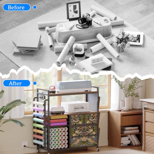 Rolling Craft Organizer and Storage Compatible with Cricut Machine Cart - color: Rustic Brown (Strawberry Thief)