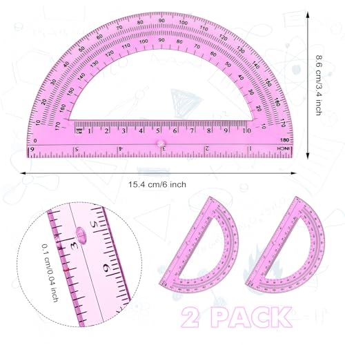 Zonon 2 Pcs 6 Inch Plastic Protractor 180° Math Protractors, Pink - color: Pink