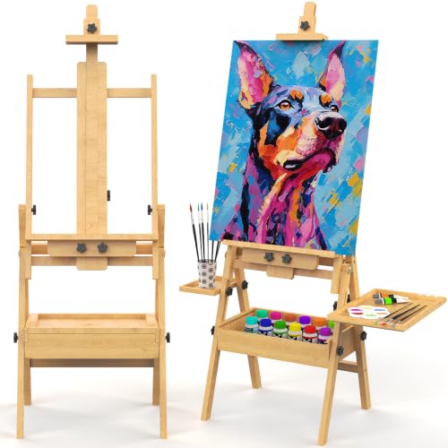 Solid Beech Wood H-Frame Easel with and Storage and 2 Palette - color: Natural Wood