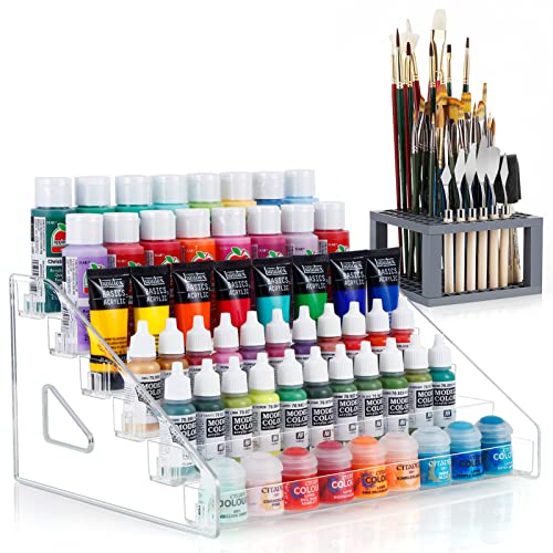 6-Layer Acrylic Organizer with Brush Holder, Easy Assembly Storage Rack for Craft, Hobby & Miniature Models, Light Can Holder, Gray