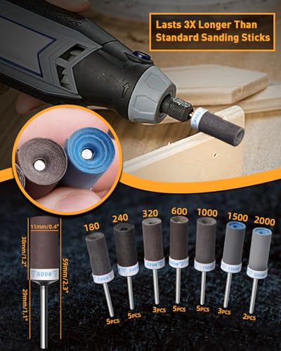 28Pcs Sanding Drums Sandpaper Sticks Set for Dremel Rotary Tool with 1/8" Shank, 180/240/320/600/1000/1500/2000 Grits Different Meet More Needs for Metal Rust Removal/Stone Grinding/Jade Polishing - size: 180-2000 Grit