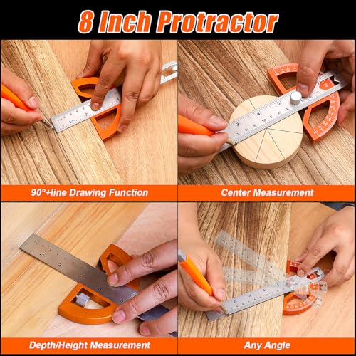 4Pcs Woodworking Tools -7''Aluminum Rafter Square,12''Adjustable Protractor Angle Finder,10'Woodworking Square Ruler and T-Bevel Gauge-1/16 Precision… - style: 4PCS