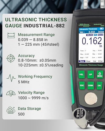 Ultrasonic Thickness Gauge Industrial-882 – Metal Thickness Tester for Steel, Pipes and Industrial Materials, 0.039–8.858 in (1–225 mm) Range, Color LCD, Auto Calibration, Handheld Thickness Tester