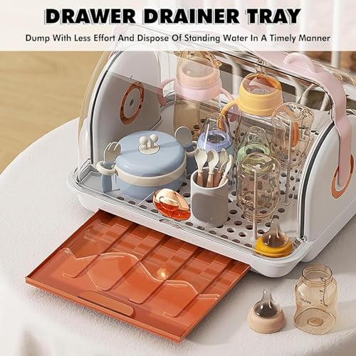 Baby Bottle Drying Rack Storage with Cover, 3 Brushes, Orange - color: Orange