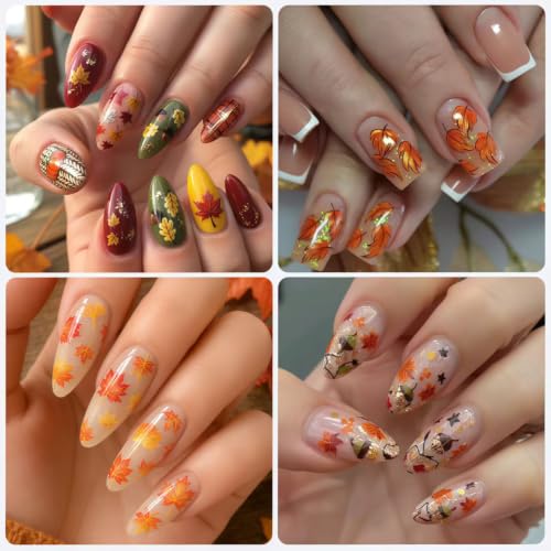 Fall Nail Art Stickers 2 Sheets 5D Embossed Autumn Maple Leaf Nail Decals Self Adhesive Thanksgiving Day Nail Design Decals Fall Maple Leaves Nails Stickers for Women Thanksgiving Day DIY Manicure - color: Orange Fall