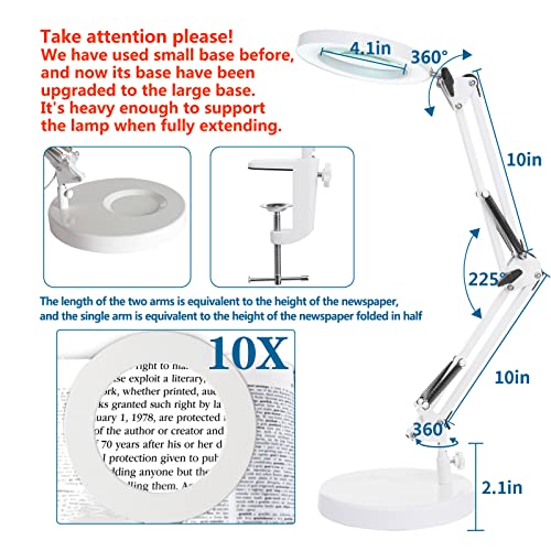 HITTI 10X Magnifying Glass with Light, 1,800 Lumens Stepless Dimmable - color: White, size: 10X 9.06 INCH Base & Clamp