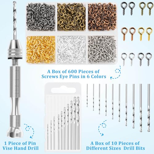 Shynek Pin Vise Hand Drill Set, Manual Hand Drill with 600PCS Small Screw Eye Hooks and 10 Different Sizes Drill Bits for Keychain, Jewelry Making and Crafts - color: 6 Colors
