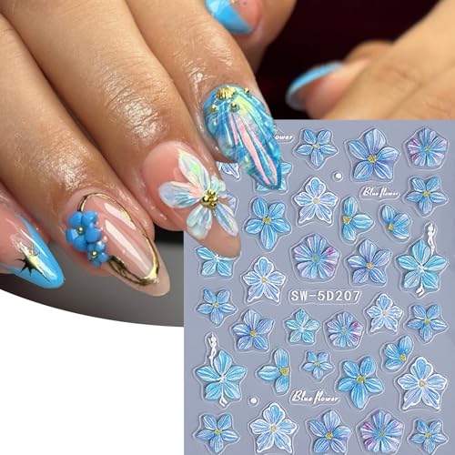 Flower Nail Art Stickers Decals 6 PCS 5D Embossed Hibiscus Decals for Nails Art Lily Hibiscus Starfish Jellyfish Daisy Bee Ladybugs Designs Summer Tropical Floral Nail Decoration for Women - style: 5D Hibiscus Flower