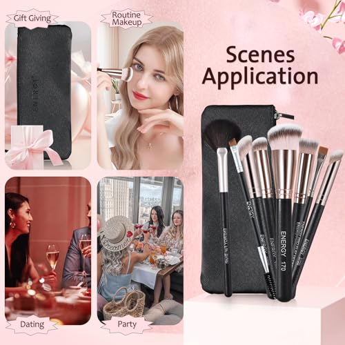 ENERGY Makeup Brush Set - 8PCS Professional Makeup Brushes for Foundation, Concealer, Eyeshadow, Blending, Contour, Powder, Eyeliner, Vegan Synthetic Fiber, Portable Travel Kit with Case (Black) - style: makeup brush set 8pcs