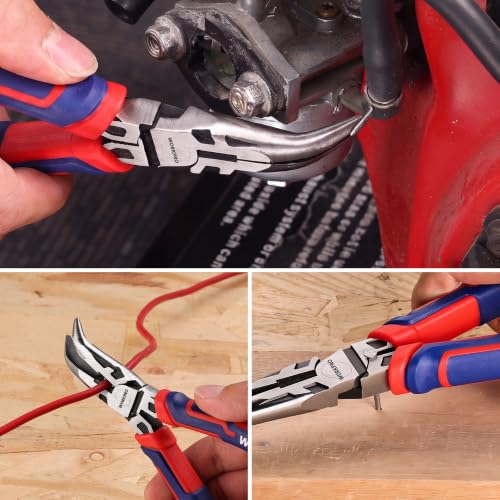 WORKPRO Premium 6" Bent Needle Nose Pliers(Smooth Jaw), Paper Clamp Precision, Heavy-Duty CRV Steel, Soft Grip with Wire Cutter, Long Nose Cutting Pliers - size: 6" Bent