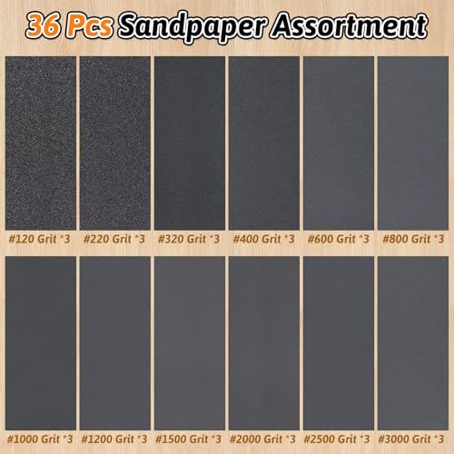 36 PCS Wet Dry Sandpaper 120-3000 Grit Sheets for Polishing & Finishing - color: 120-3000G, size: 9x3.6 Inch
