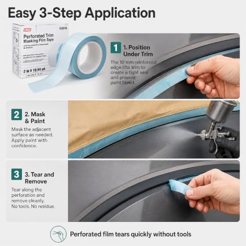 LAUCO Perforated Trim Masking Tape 69549, Molding Paint Protection, Trim Lifting Tape, Hand Tearing, 10 mm Hard Band, 50 mm x 10 m Auto Body Masking Film with High-Strength Backing 69549