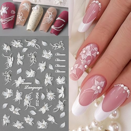 5 Sheets Emboss White Pearl Nail Stickers with Tweezers French Tip Lace Design Decals Romantic Self-Adhesive Slider Manicure Decoration Nail Art Supplies for Women
