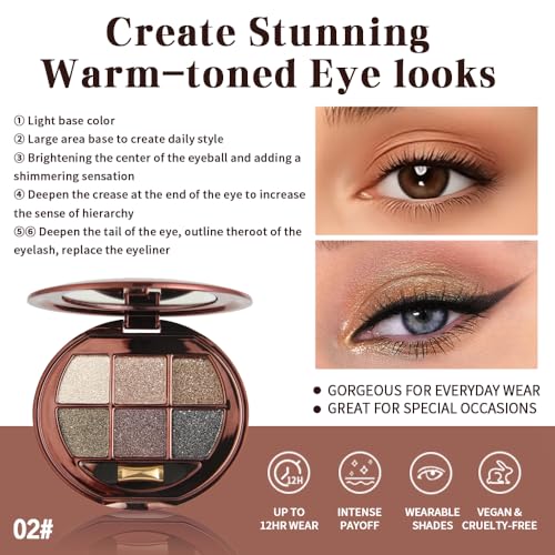 Neutral Champagne Taupe Shimmer Eyeshadow Palette with Mirror and Sponge Applicator, 6 Colors High Pigment Frost Shimmery Everyday Eye Shadow Makeup for Older Women, Brightening Eye Travel Size 02# - color: L-#02