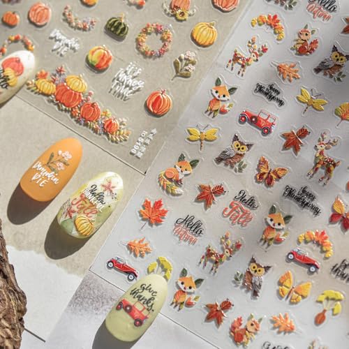 1 Sheet Pumpkin Nail Stickers Autumn Pumpkin Nail Decals 5D Embossed Pumpkins Nails Designs Thanksgiving Nails Decorations Garland Leaf Nail Art Stickers for Women DIY Manicure Supplies - color: Thanksgiving Pumpkin
