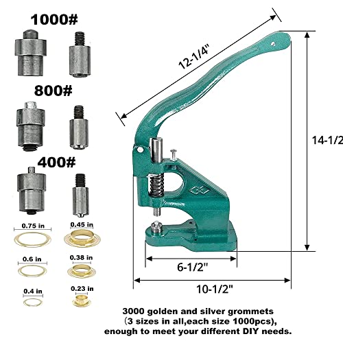 Hand Press Heavy Duty Eyelet Grommet Machine Punch Tool Kit with 3 Dies #0/2/4 and 1500 Pcs Silver Grommets Hole