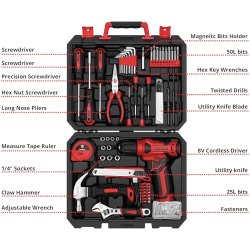 DEKOPRO Drill Set: 8V Cordless Drill, Home Tool Kit with 126 Piece Set - color: Red