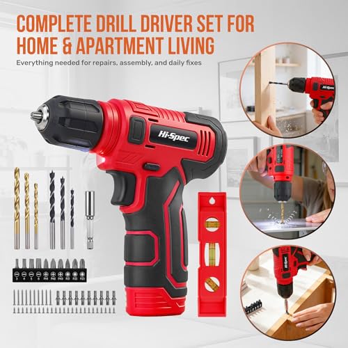 Hi-Spec 8V USB Power Drill Driver Bit Set with Hanging Kit for DIY, Red - color: Red
