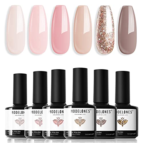 modelones Nude Gel Nail Polish Set, 6 Colors Glitter Neutral Pink Gold - color: A Neutral Chic