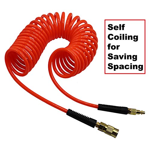 YOTOO Polyurethane Recoil Air Hose 1/4 in by 25 ft with Bend Restrictor, 1/4" Industrial Quick Coupler and Plug, Orange - color: Orange